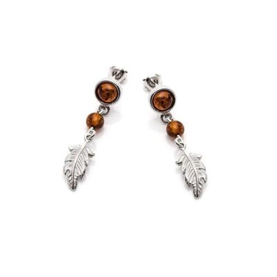 Pendientes colgantes con ámbar coñac natural, en plata rodiada 925/1000 - KM933KR