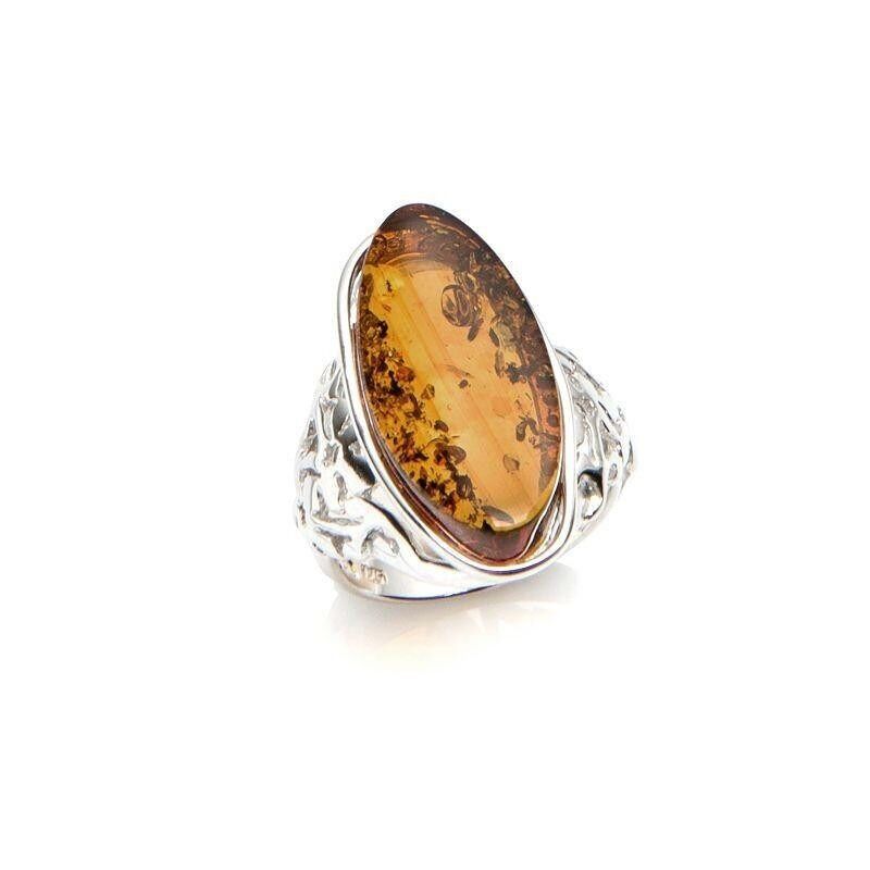 Anello con pietra grande con ambra cognac naturale ovale, in argento rodiato 925/1000 - KL281-291RR