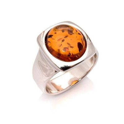 Anello con sigillo rettangolare con ambra cognac naturale ovale, in argento rodiato 925/1000 - KL2RR