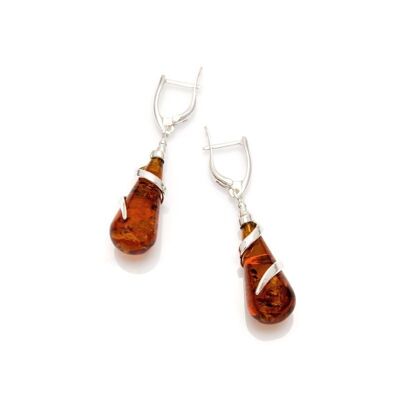 Orecchini con goccia di ambra naturale cognac, in argento rodiato 925/1000 - GDK24R