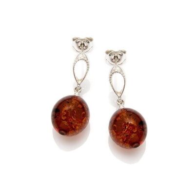 Pendientes colgantes con bola de ámbar coñac, en plata rodiada 925/1000 - GDK9R