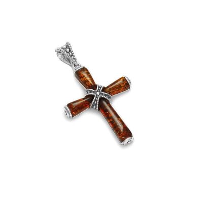 Colgante cruz con ámbar coñac, en plata rodiada 925/1000, altura 3,5+1 cm - GI-PE014