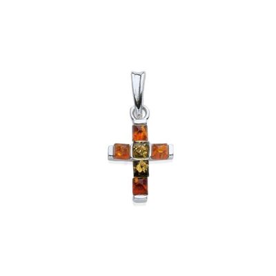 Colgante cruz con ámbar multicolor, en plata rodiada 925/1000, altura 1,7+1 cm - KMS5139WR