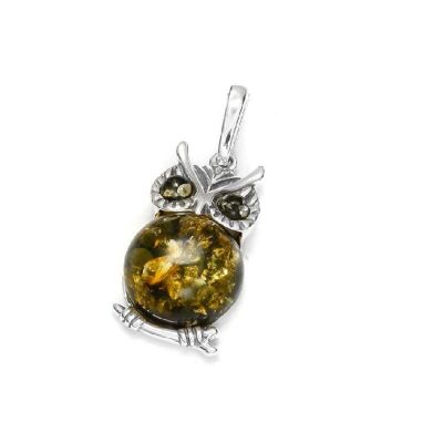 Pendentif chouette avec ambre vert, en argent rhodié 925/1000, hauteur 2,5+1 cm - GI-PE008V