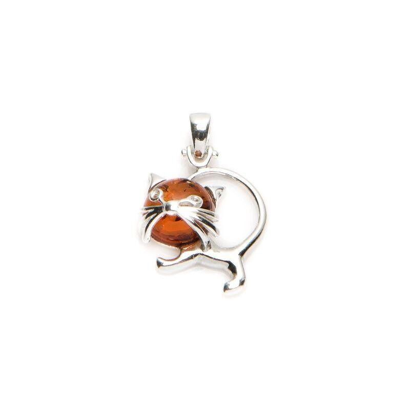Pendentif chat avec ambre cognac rond, en argent rhodié 925/1000, hauteur 3,5 cm - AJW6-742R