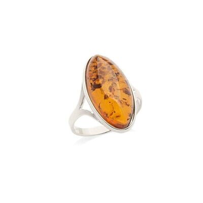 Bague grande pierre avec ambre cognac naturel ovale, en argent rhodié 925/1000 - AJP7-177R
