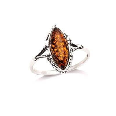 Bague avec ambre cognac de la mer Baltique navette, en argent rhodié vieilli 925/1000 - AJP7-375R