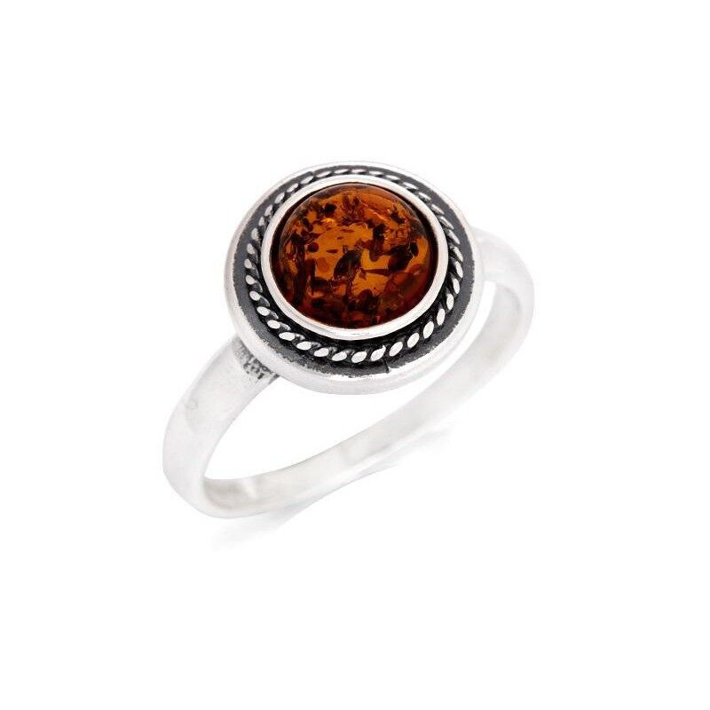 Anello con ambra cognac rotonda del Mar Baltico, in argento rodiato invecchiato 925/1000 - AJP7-407R