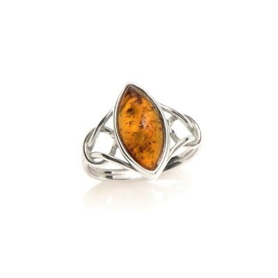 Anello con ambra cognac della navetta del Mar Baltico, in argento rodiato 925/1000 - AMP00117R