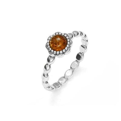 Anello con ambra cognac naturale del Mar Baltico rotonda, in argento rodiato 925/1000 - GI-BA017
