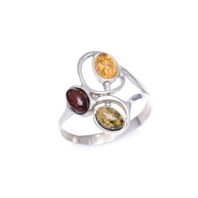 Anello con ambra cognac naturale del Mar Baltico ovale, in argento rodiato 925/1000 - KM237PR