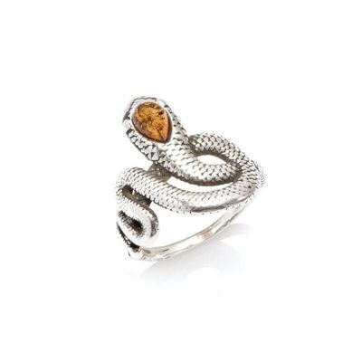 Bague serpent avec ambre cognac naturel goutte, en argent rhodié 925/1000 - MGP274R
