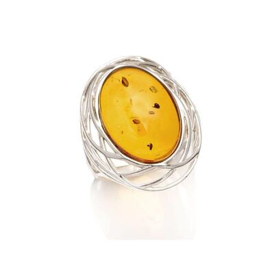 Anello con pietra grande con ambra cognac naturale ovale, in argento rodiato 925/1000 - SA2982ROR