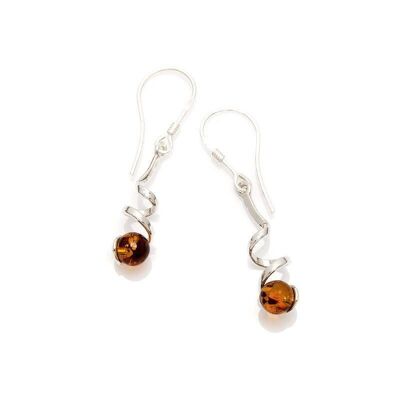 Boucles d'oreille longues avec ambre cognac boule, en argent rhodié 925/1000 - AJK5-977R