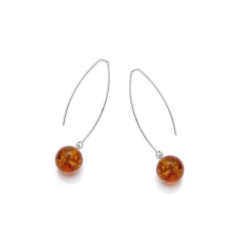 Orecchini lunghi con pallina d'ambra cognac, in argento rodiato 925/1000 - GDK00296R
