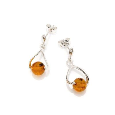 Orecchini pendenti con pallina ambra cognac, in argento rodiato 925/1000 - GDK22R