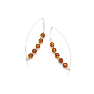 Pendientes largos con bola de ámbar coñac, en plata rodiada 925/1000 - GDK6R