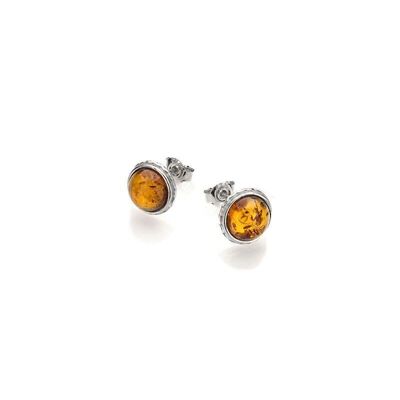 Clous d'oreilles avec ambre cognac de la mer Baltique rond, argent rhodié 925/1000 - KM241KCR