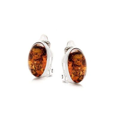 Pendientes de clip con ámbar coñac del Mar Báltico, plata rodiada 925/1000 - KM980KR