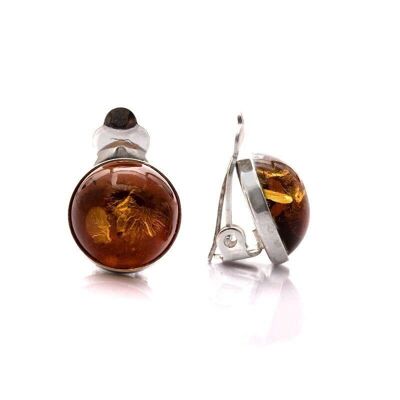 Boucles d'oreilles clip avec ambre cognac naturel rond, en argent rhodié 925/1000 - UELK1