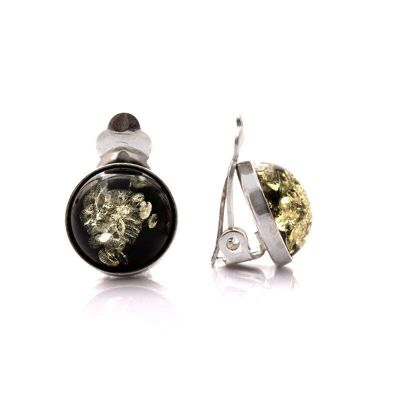 Boucles d'oreilles clip avec ambre vert naturel rond, en argent rhodié 925/1000 - UELK1V