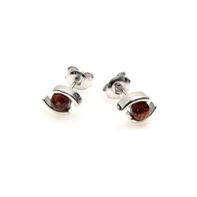 Orecchini a bottone con sfera di ambra cognac del Mar Baltico, argento rodiato 925/1000 - AMK00212R