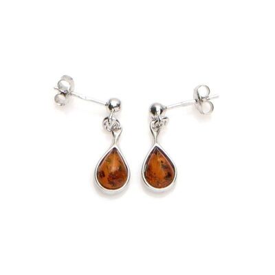 Pendientes colgantes con gota de ámbar coñac, en plata rodiada 925/1000 - AMK0051R