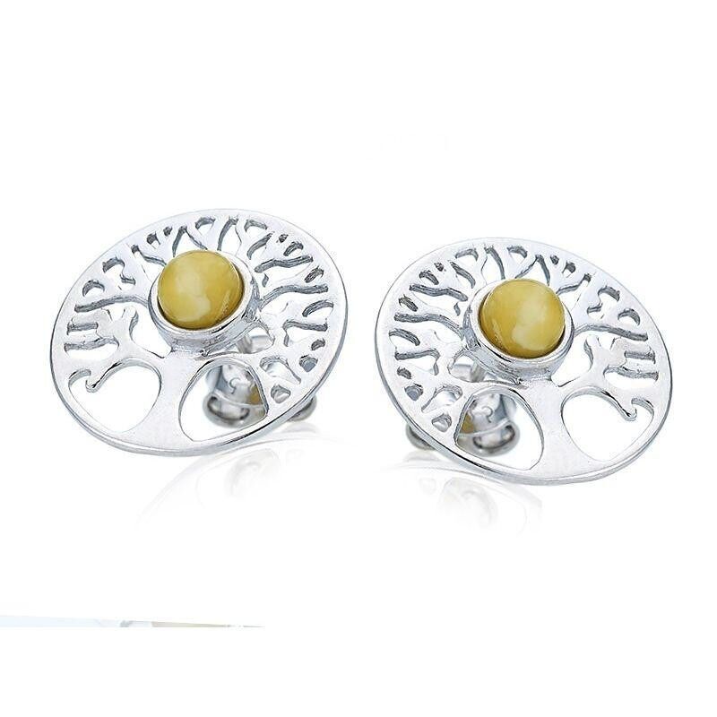 Clous d'oreilles arbre de vie avec ambre miel naturel rond, en argent rhodié 925/1000 - AJK5-1176WR