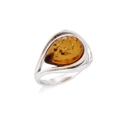 Bague avec ambre cognac de la mer Baltique goutte, en argent rhodié 925/1000 - GI-BA033