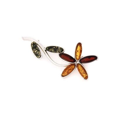 Broche de flores con ámbar multicolor natural ovalado, en plata rodiada 925/1000 - KL690-391BH
