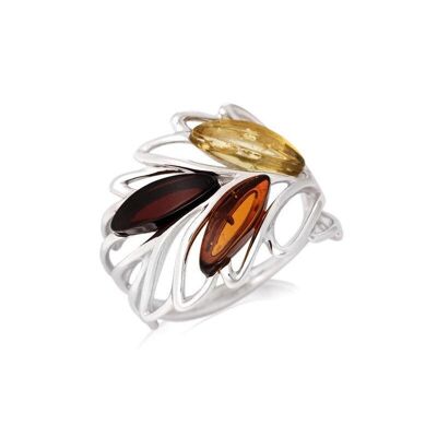 Anello con ambra multicolore della navetta del Mar Baltico, in argento rodiato 925/1000 - SA3753ROR