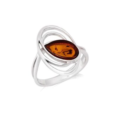 Bague ovale avec ambre cognac naturel goutte, en argent rhodié 925/1000 - SA3739ROR