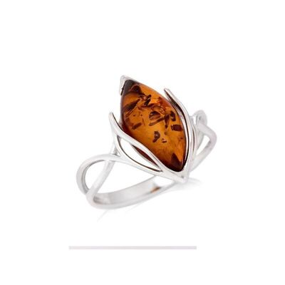 Anello con ambra cognac della navetta del Mar Baltico, in argento rodiato 925/1000 - SA3699ROR