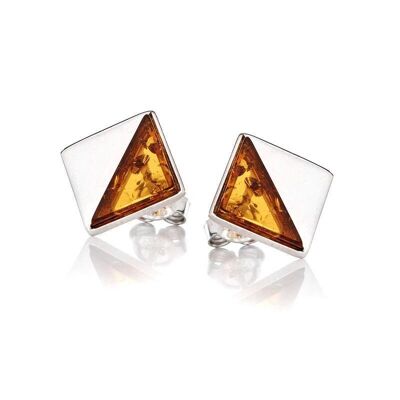 Orecchini quadrati con triangolo di ambra cognac naturale, in argento rodiato 925/1000 - ZIDZ349KR