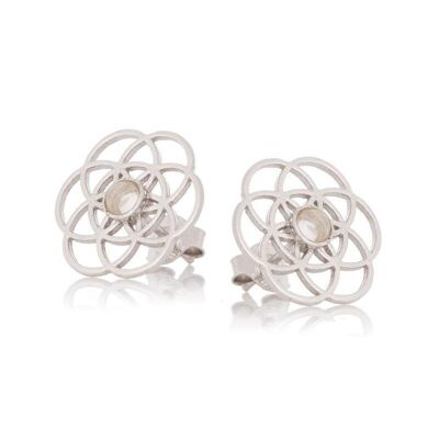 Boucles d'oreilles fleur de vie avec quartz rose naturel, en argent rhodié 925/1000 - CKM-BO029-QR