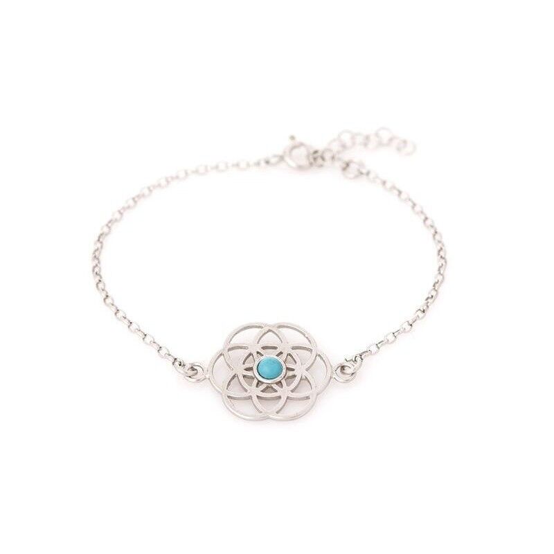 Flower of life bracelet with turquoise, in rhodium-plated silver 925/1000, length 16+ 3 cm - CKM-BR027-TQ