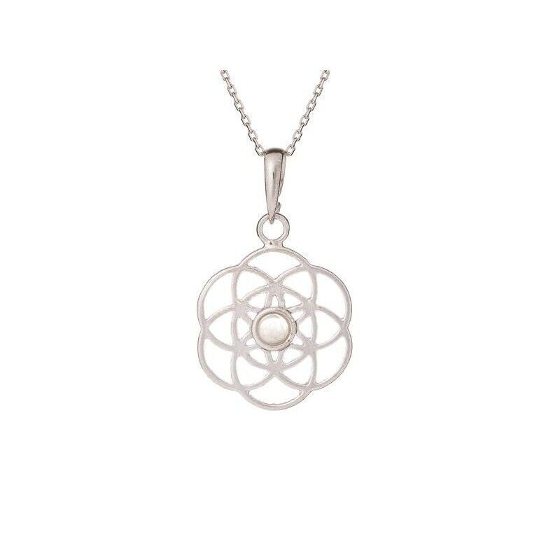 Flower of life pendant with rose quartz, in rhodium-plated silver 925/1000, diameter 2+1 cm - CKM-PE025-QR