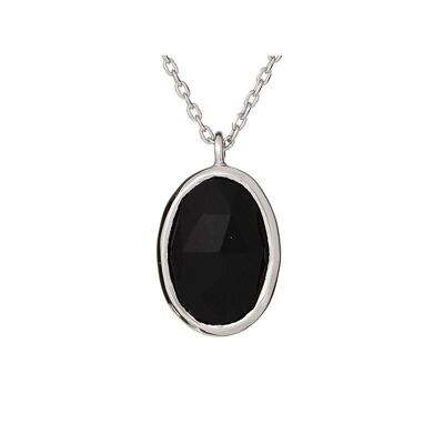 Necklace with natural oval black onyx, in rhodium silver 925/1000, length 42+3cm - CJF-CL001-ON