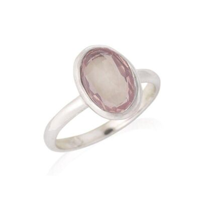 Bague avec quartz rose naturel ovale, en argent rhodié 925/1000 - CJF-BA001-QR