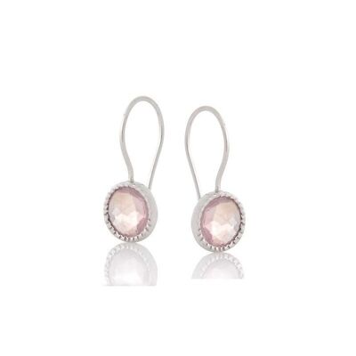 Pendientes con cuarzo rosa natural redondo, en plata rodiada 925/1000 - CJF-BO027-QR