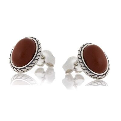 Clous d'oreilles avec jaspe rouge naturel ovale, en argent rhodié vieilli 925/1000 - CKM-BO012-JR