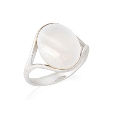 Bague avec nacre blanche naturelle, en argent rhodié 925/1000 - CSA-BA012-NC