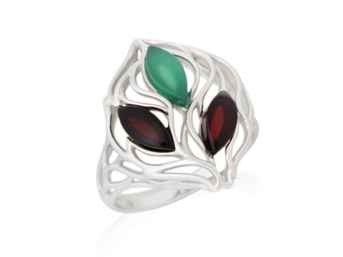 BAGUE AGATE TAINTEE VERTE, AMBRE ARGENT ref: CSA-BA043