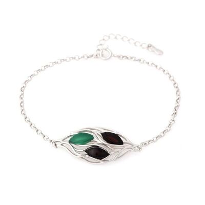Bracelet avec ambre et agate verte, en argent rhodié 925/1000, longueur 17+ 3 cm - CSA-BR043