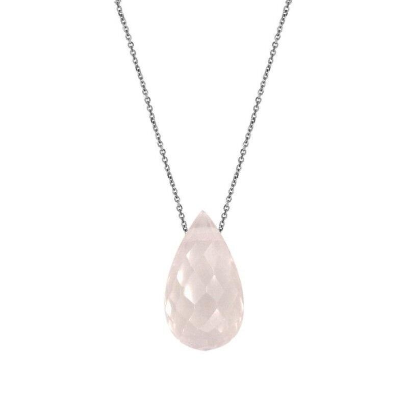 Necklace with drop rose quartz, in rhodium silver 925/1000, length 42 + 3 cm - COS-CL029