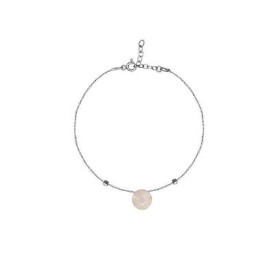 Pulsera con cuarzo rosa natural redondo, en plata rodiada 925/1000, longitud 16+3 cm - COS-BR020