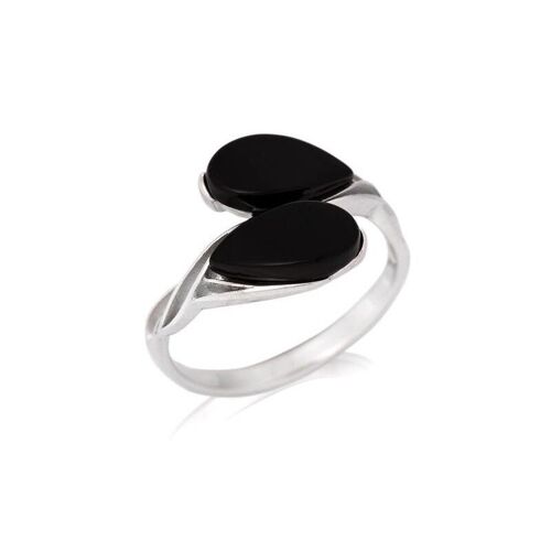 Bague avec agate noire teintée naturelle goutte, en argent rhodié 925/1000 - CSA-BA008-AN