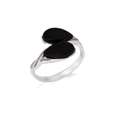 Ring with natural tinted black agate drop, in rhodium silver 925/1000 - CSA-BA008-AN