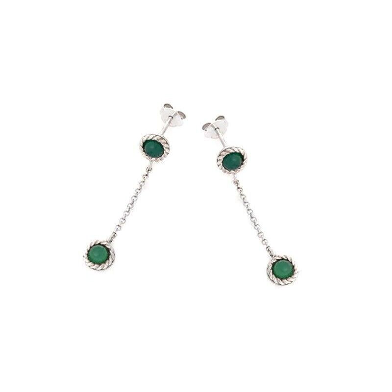 Round dangling earrings with tinted green agate, rhodium-plated silver 925/1000 - CKL-BO008-AGV