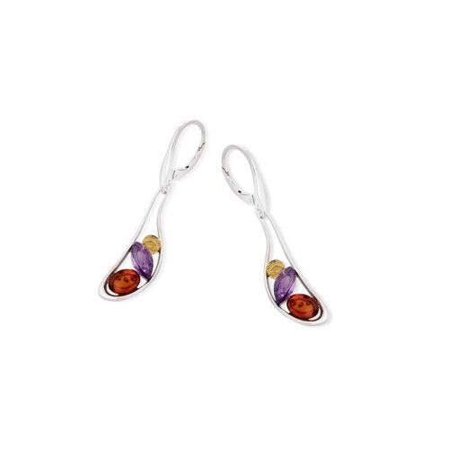 Boucles d'oreilles avec améthyste et ambre, en argent rhodié 925/1000 - CSA-BO040